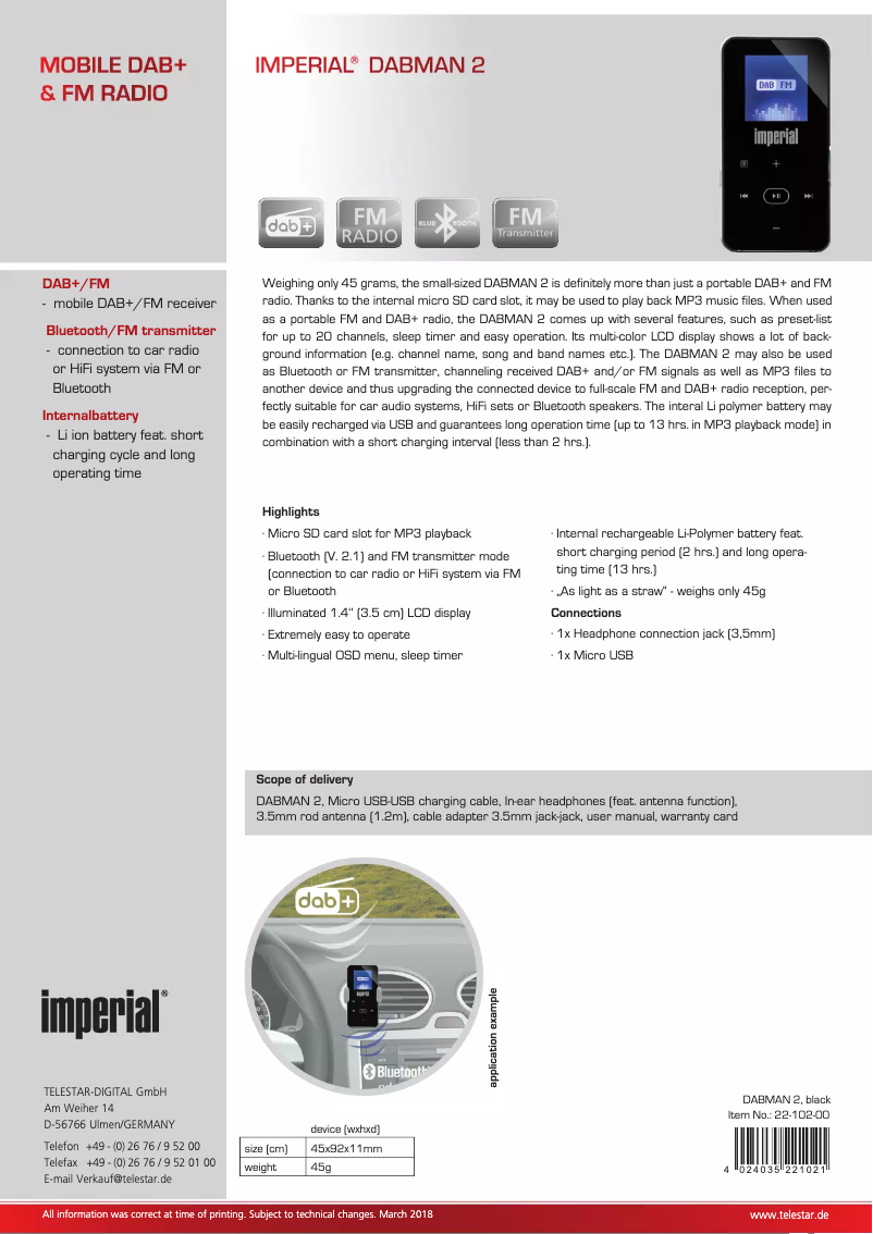 Page 1 de la notice Fiche technique Imperial DABMAN 2