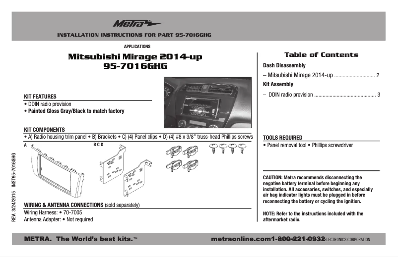 Page n°1 - Manuel utilisateur Metra 95-7016GHG