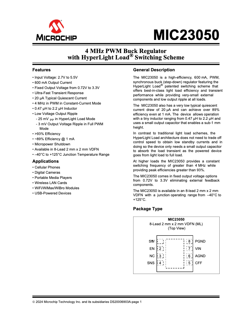 Page 1 de la notice Fiche technique Microchip MIC23050
