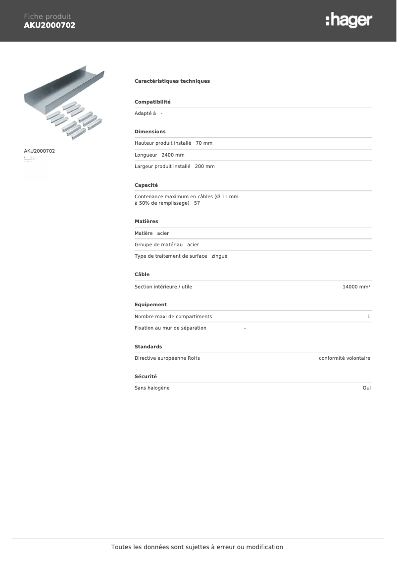 Page 1 de la notice Manuel utilisateur Hager AKU2000702