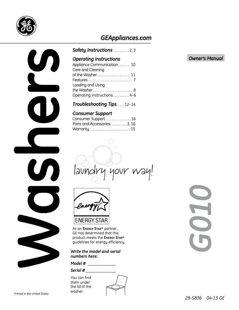 Page 1 of the manual User Manual GE GTAS8450DWS
