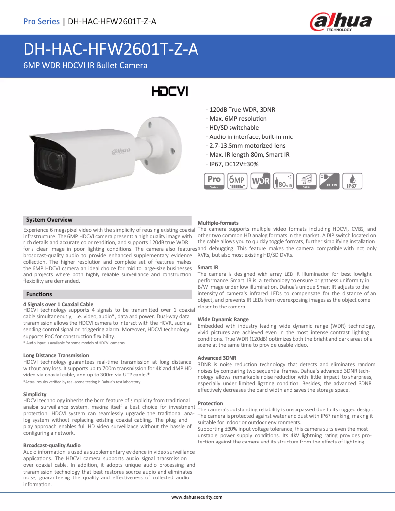 Page 1 de la notice Fiche technique Dahua Technology HAC-HFW2601T-Z-A