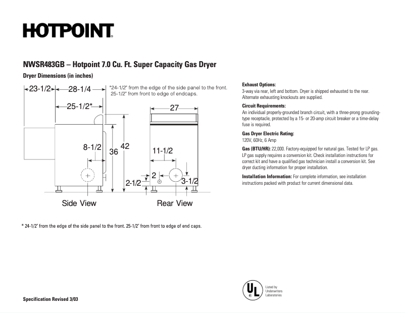Página 1 del manual Ficha técnica Hotpoint NWSR483GBWW