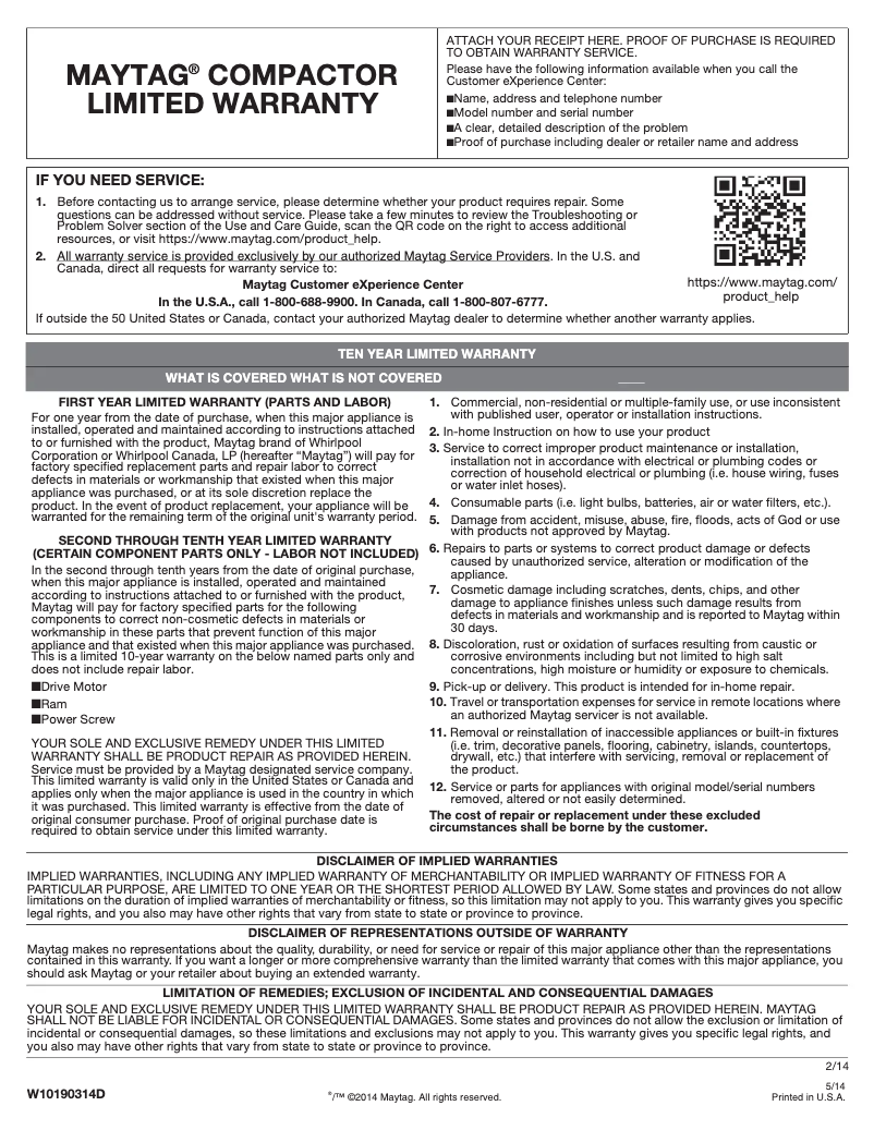 Page 1 de la notice Informations de garantie Maytag MTUC7500AF