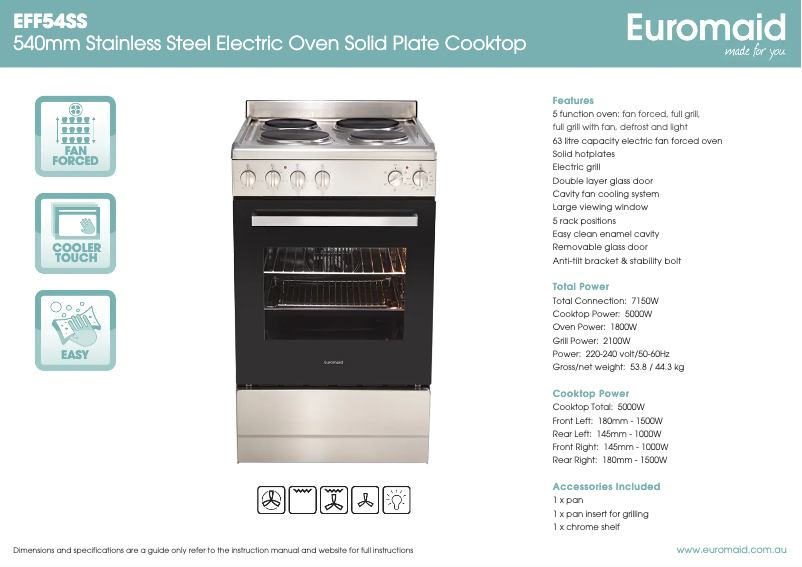 Page 1 de la notice Fiche technique Euromaid EFF54SS