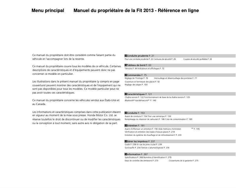 Page 1 de la notice Manuel utilisateur Honda Fit (2013)