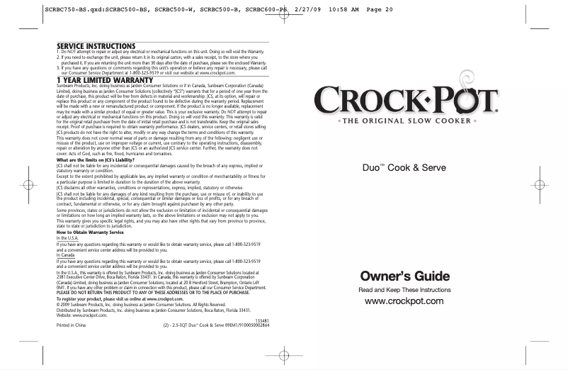 Page 1 de la notice Manuel utilisateur Crock-Pot Duo SCRBC505-BS
