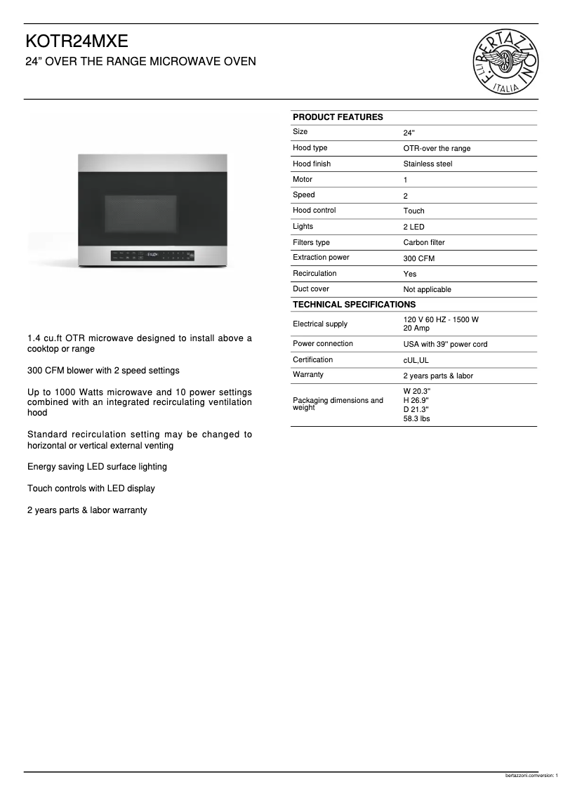 Page 1 de la notice Fiche technique Bertazzoni KOTR24MXE