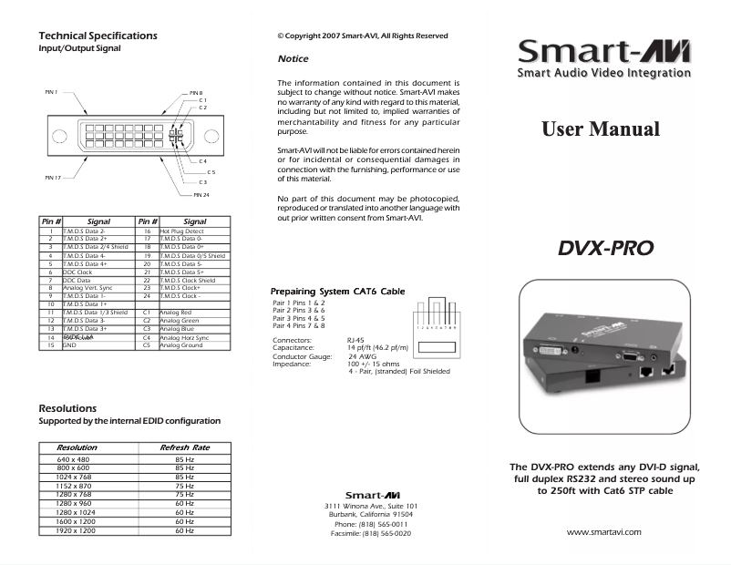Page 1 de la notice Manuel utilisateur Smart-AVI DVX-PROS