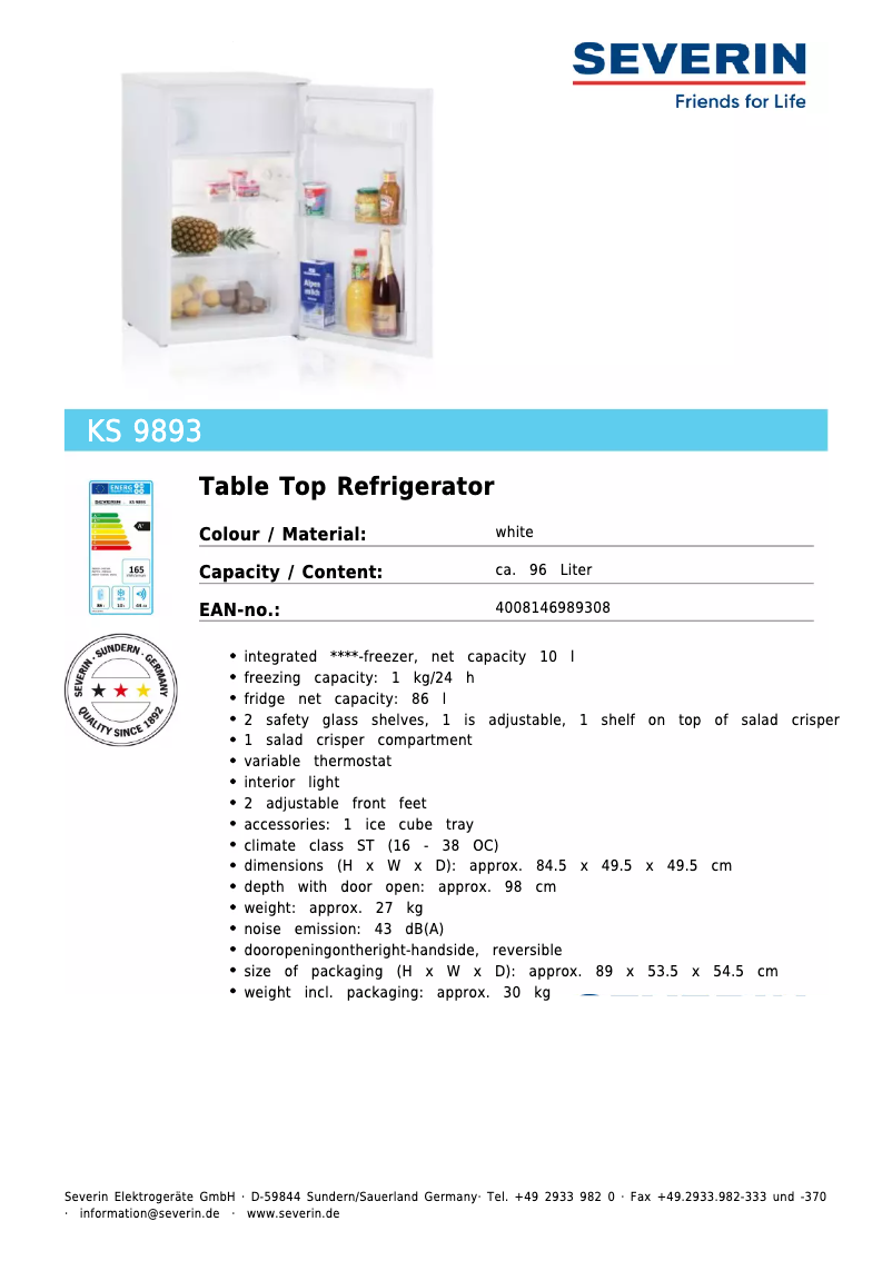 Página 1 del manual Ficha técnica Severin KS 9893