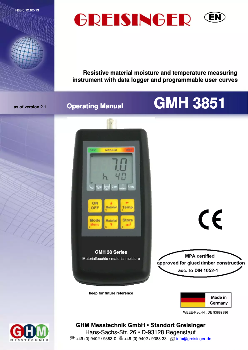 Page 1 of the manual User Manual Greisinger GMH 3851