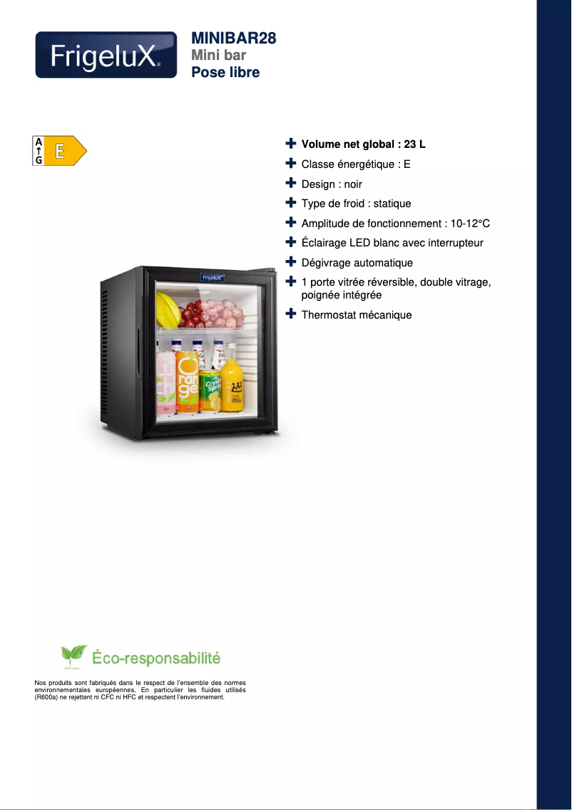Page 1 de la notice Fiche technique FrigeluX MINIBAR28