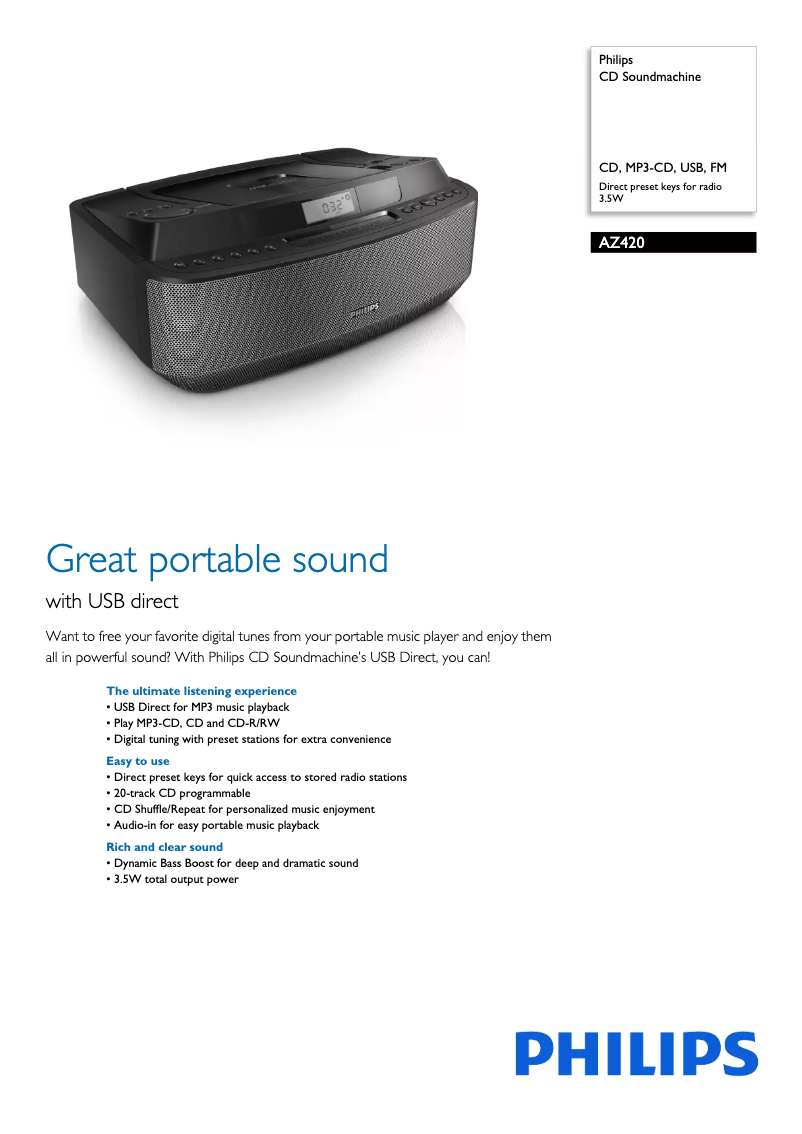 Page 1 de la notice Fiche technique Philips AZ420