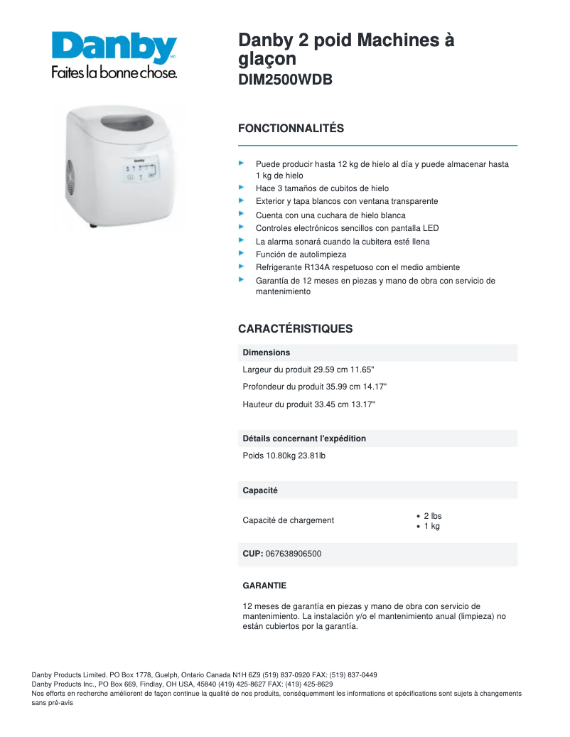 Page n°1 - Fiche technique Danby DIM2500WDB