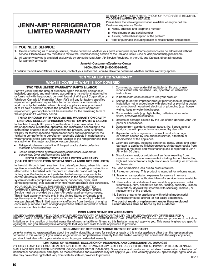 Page 1 de la notice Informations de garantie JennAir JBBFX24NHX