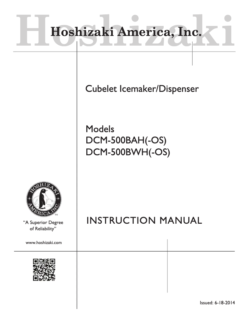 Page 1 de la notice Guide d'installation Hoshizaki DCM-500BAH