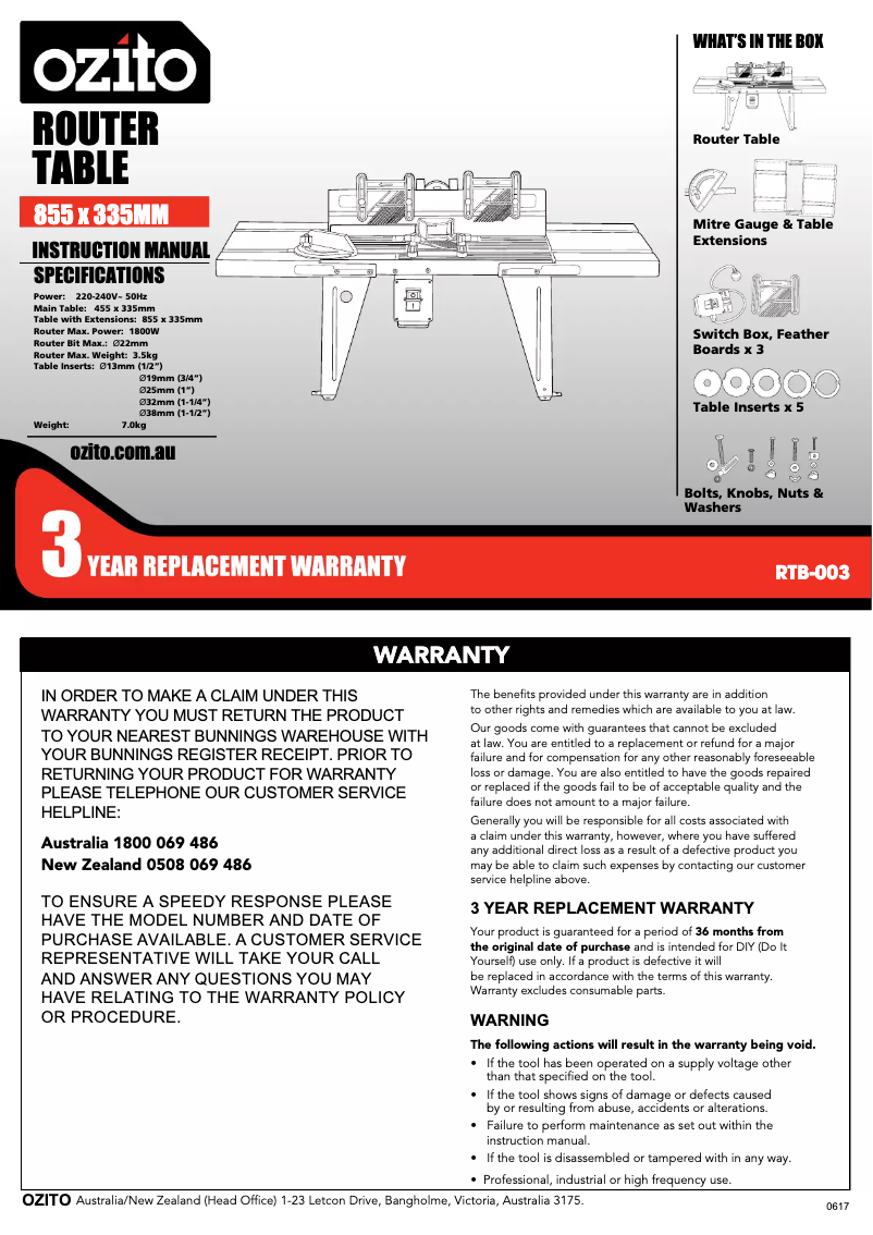 Page 1 de la notice Manuel utilisateur Ozito RTB-003
