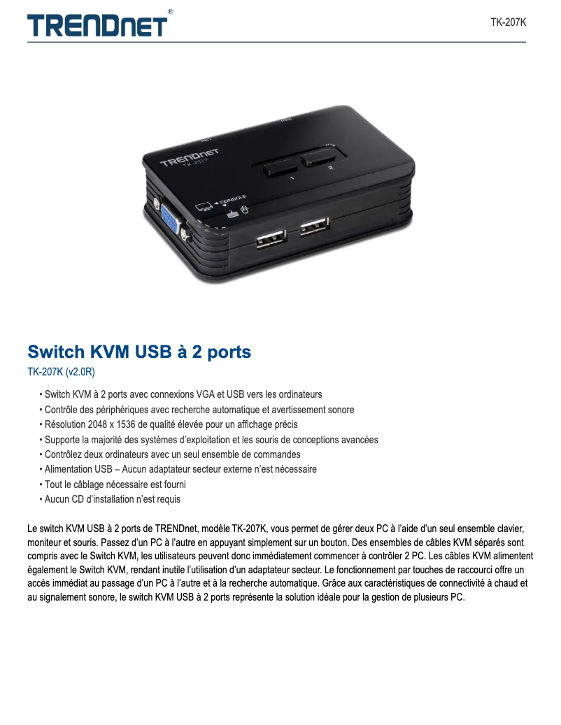 Page 1 de la notice Fiche technique TRENDnet TK-207K