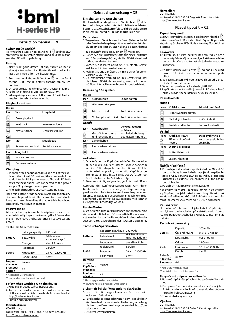 Page 1 de la notice Manuel utilisateur BML H9