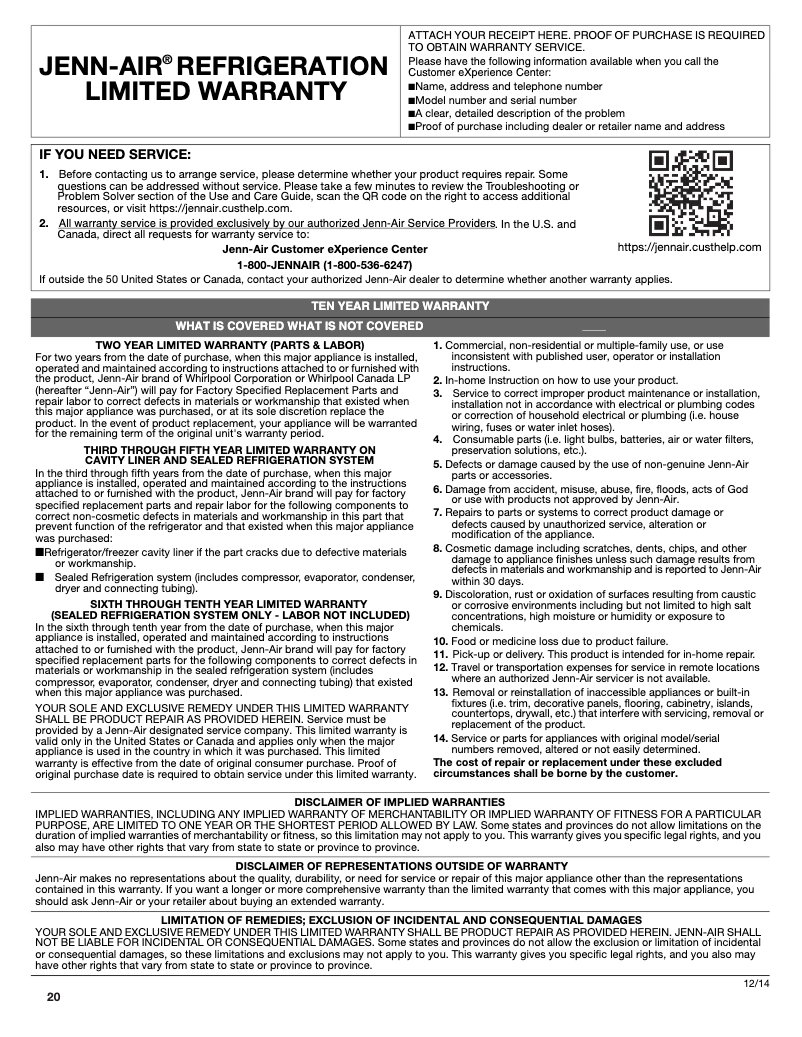 Page n°1 - Informations de garantie JennAir JBSFS42NHS