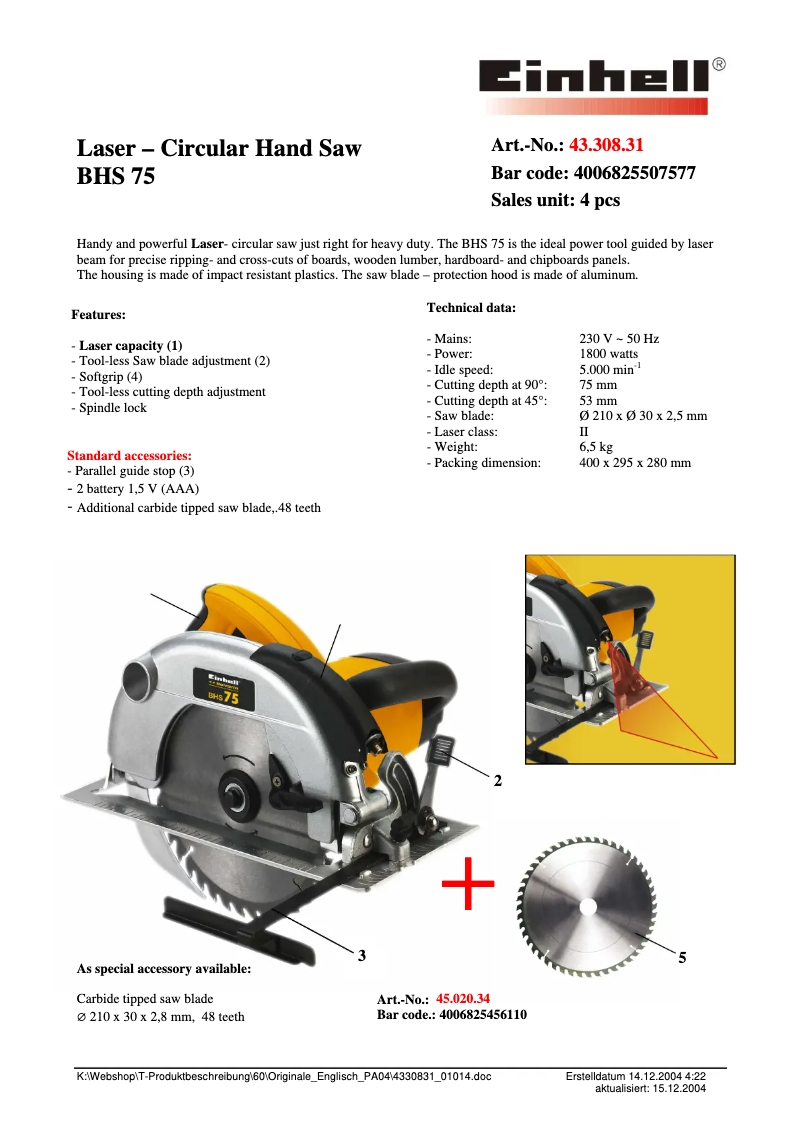 Page 1 de la notice Fiche technique Bavaria by Einhell BHS 75