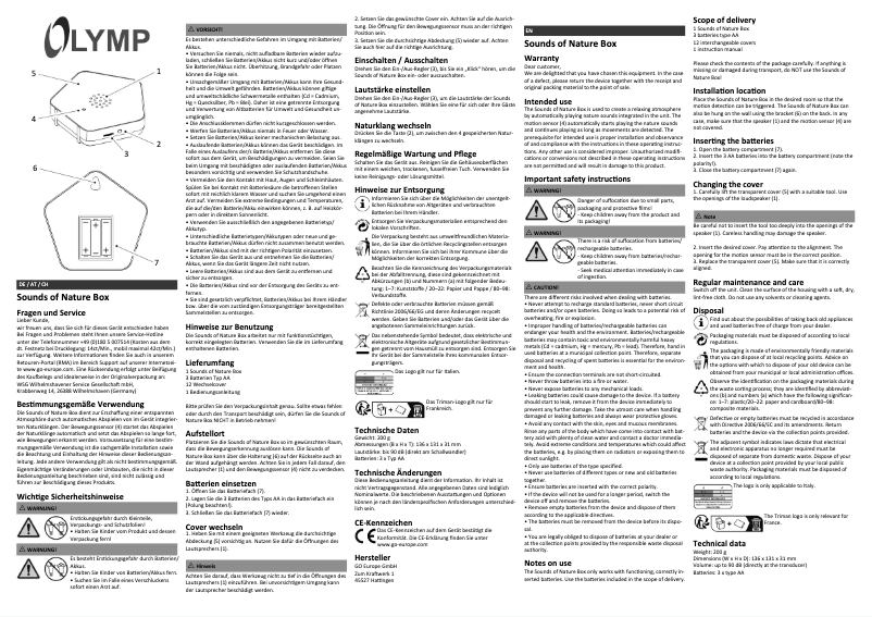 Page 1 de la notice Manuel utilisateur Olympia Sounds of Nature Box