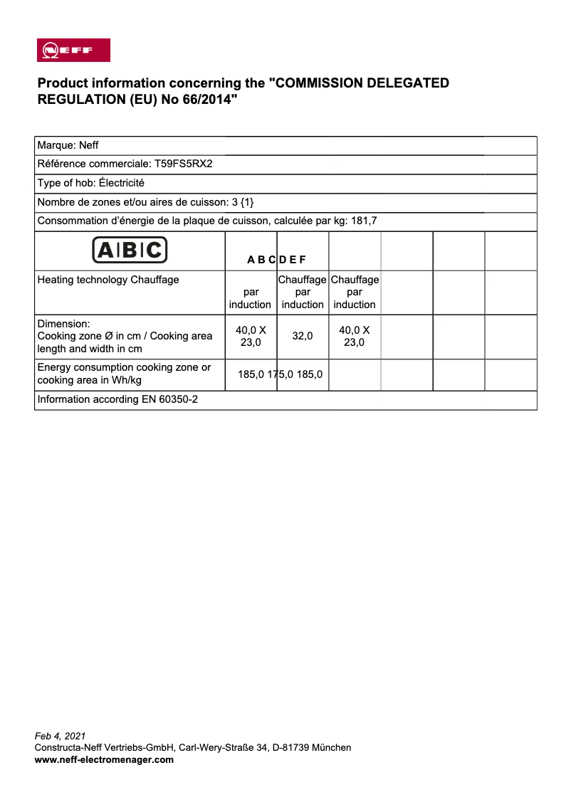Page 1 de la notice Label énergétique Neff T59FS5RX2