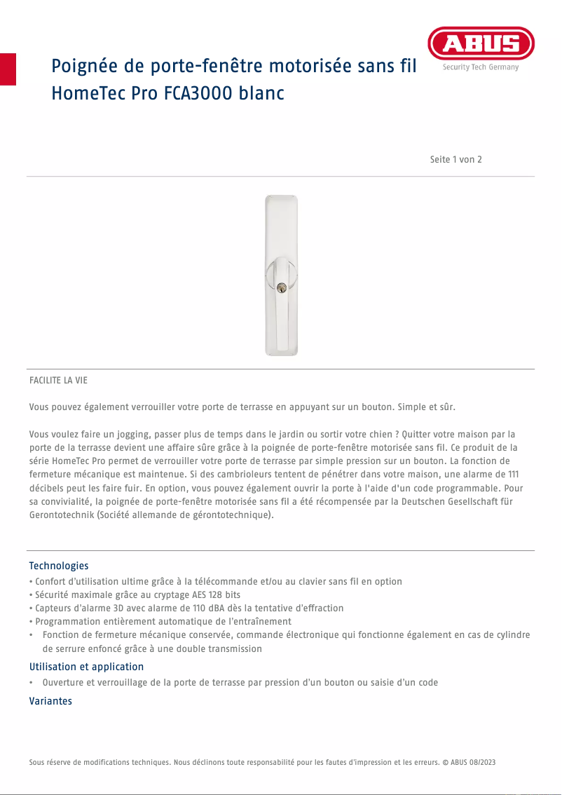 Page 1 de la notice Fiche technique Abus HomeTec Pro FCA3000