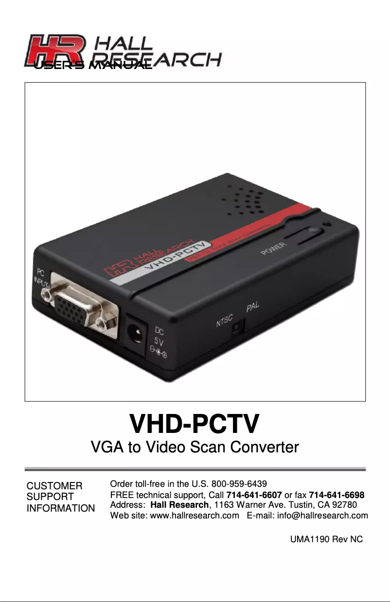 Page n°1 - Manuel utilisateur Hall Research VHD-PCTV