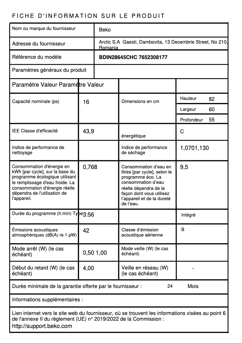 Page 1 de la notice Fiche technique Beko BDIN28645CHC