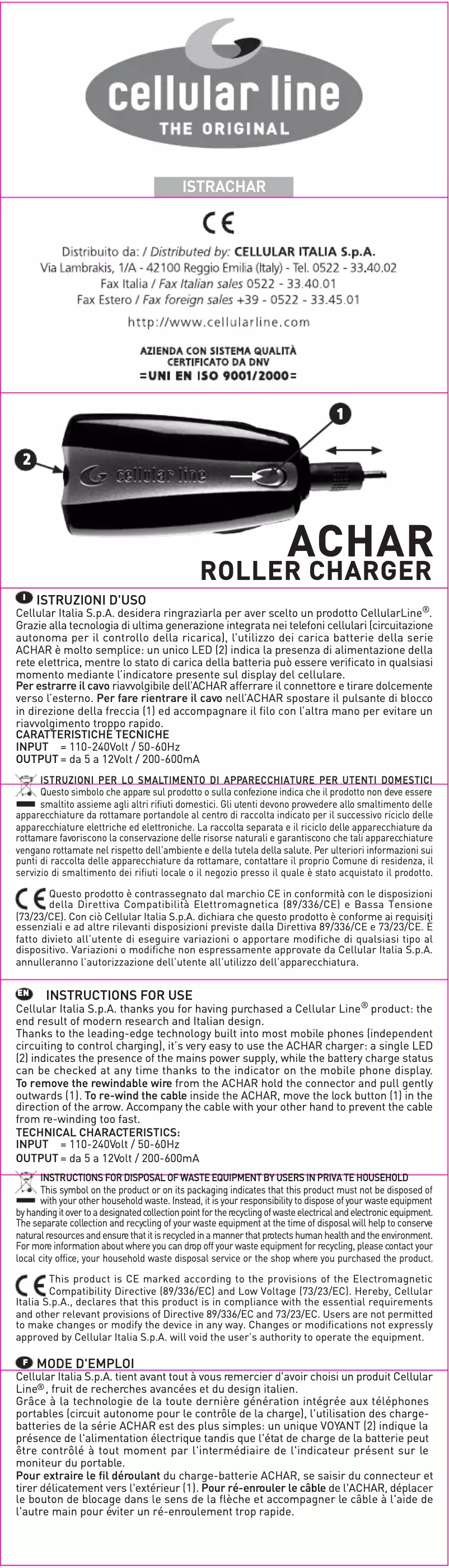 Page n°1 - Manuel utilisateur Cellular Line ACHAR6100