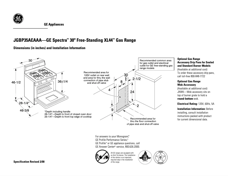 Page 1 of the manual Technical Sheet GE JGBP35AEAAA