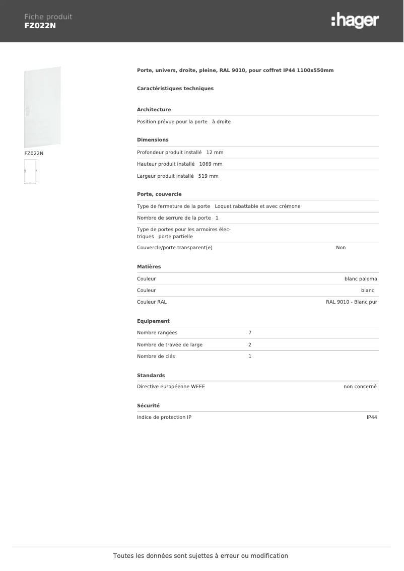 Page 1 de la notice Fiche technique Hager FZ022N