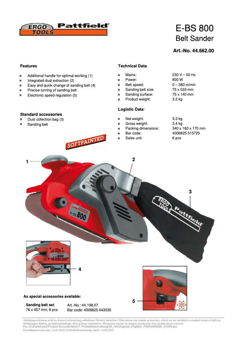 Page 1 de la notice Manuel utilisateur Ergotools Pattfield E-BS 800