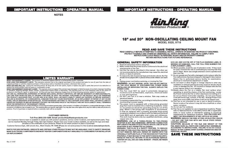 Page 1 de la notice Manuel utilisateur Air King 9320
