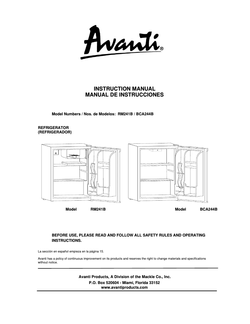 Page 1 de la notice Manuel utilisateur Avanti BCA244B