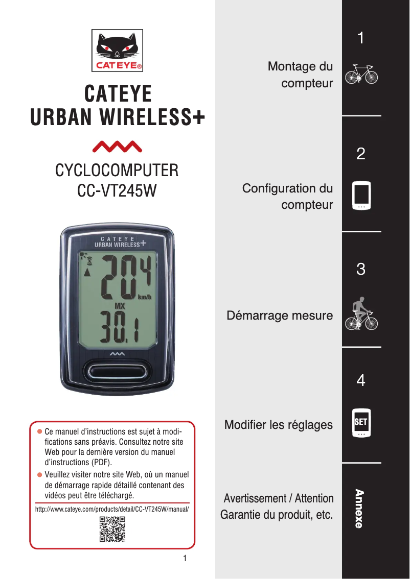 Page 1 de la notice Manuel utilisateur Cateye Urban Wireless plus CC-VT245W