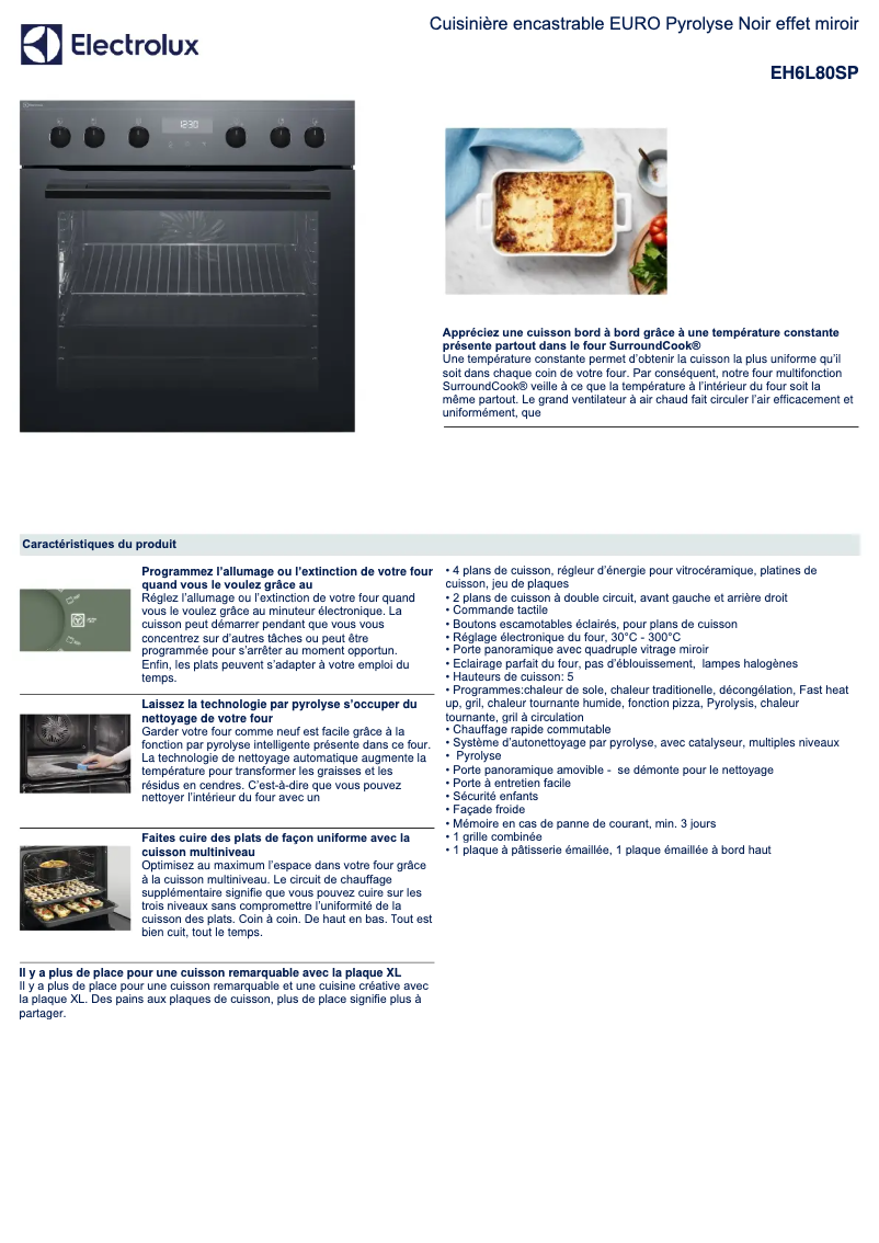 Page 1 de la notice Fiche technique Electrolux EH6L80SP