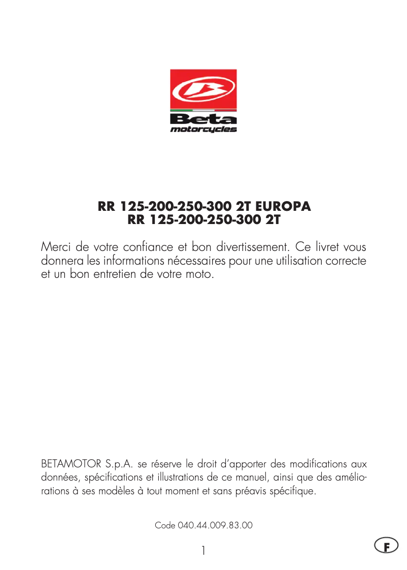 Page 1 de la notice Manuel utilisateur Beta RR 2T 250 (2021)