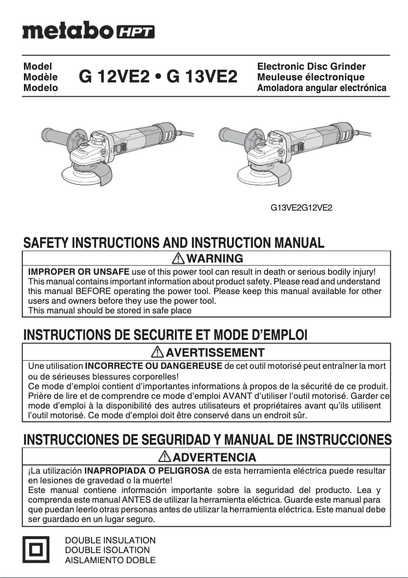 Page 1 de la notice Manuel utilisateur HiKOKI G12VE2