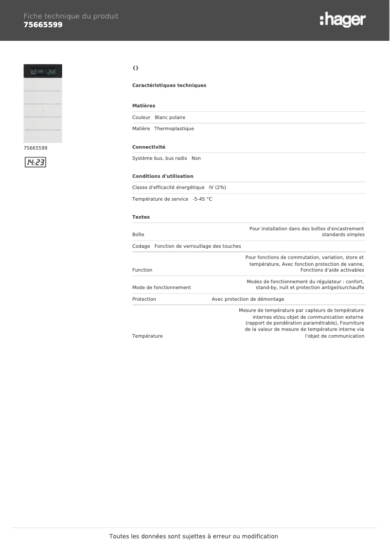 Page n°1 - Fiche technique Hager 75665599