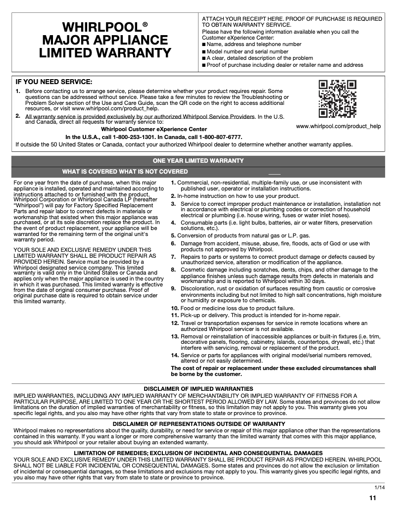 Page n°1 - Informations de garantie Amana ADB1400AGS