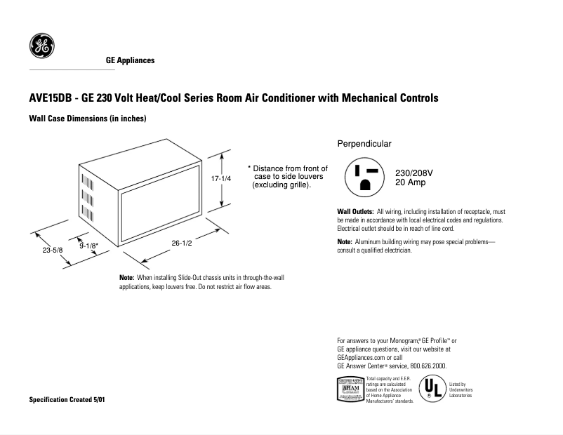 Page 1 de la notice Fiche technique GE AVE15DB