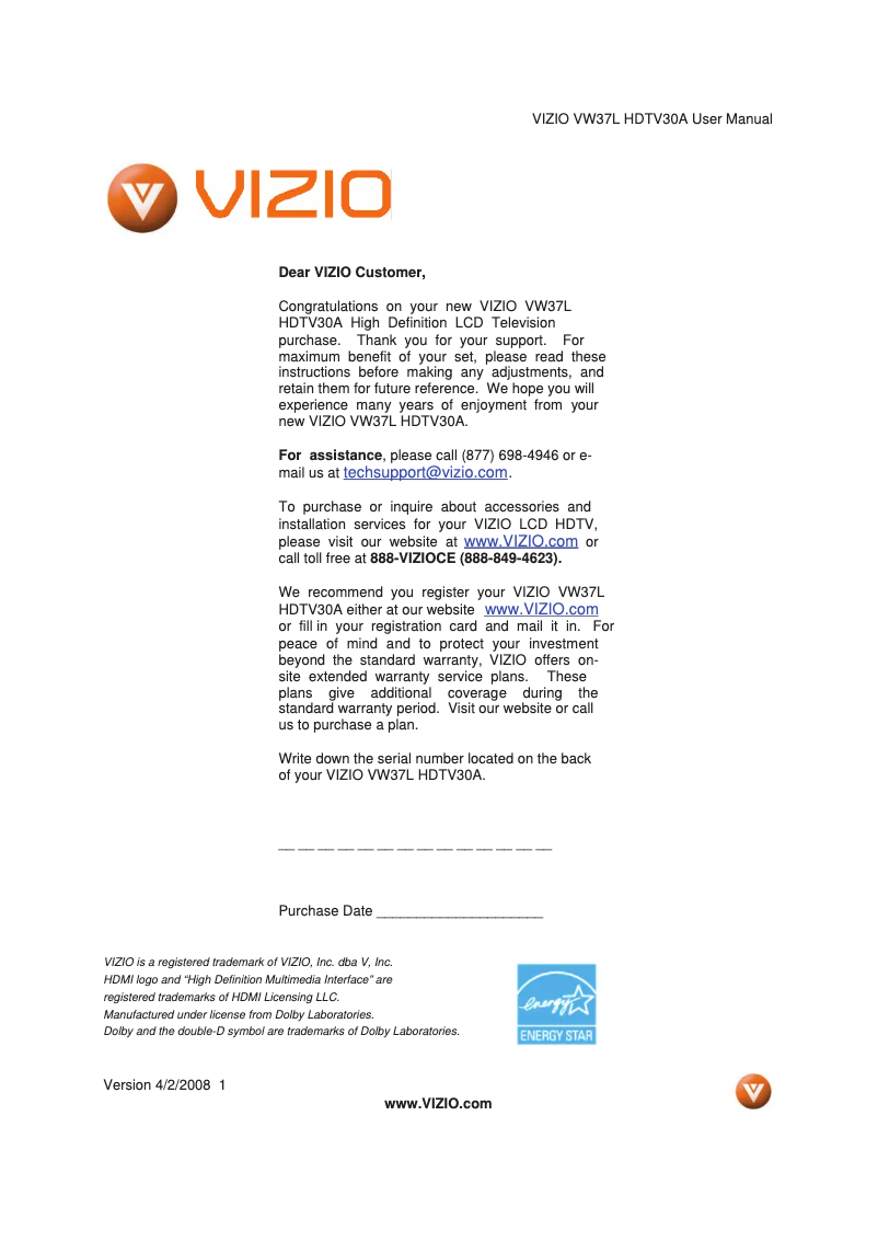 Page 1 de la notice Manuel utilisateur VIZIO VW37LHDTV30A