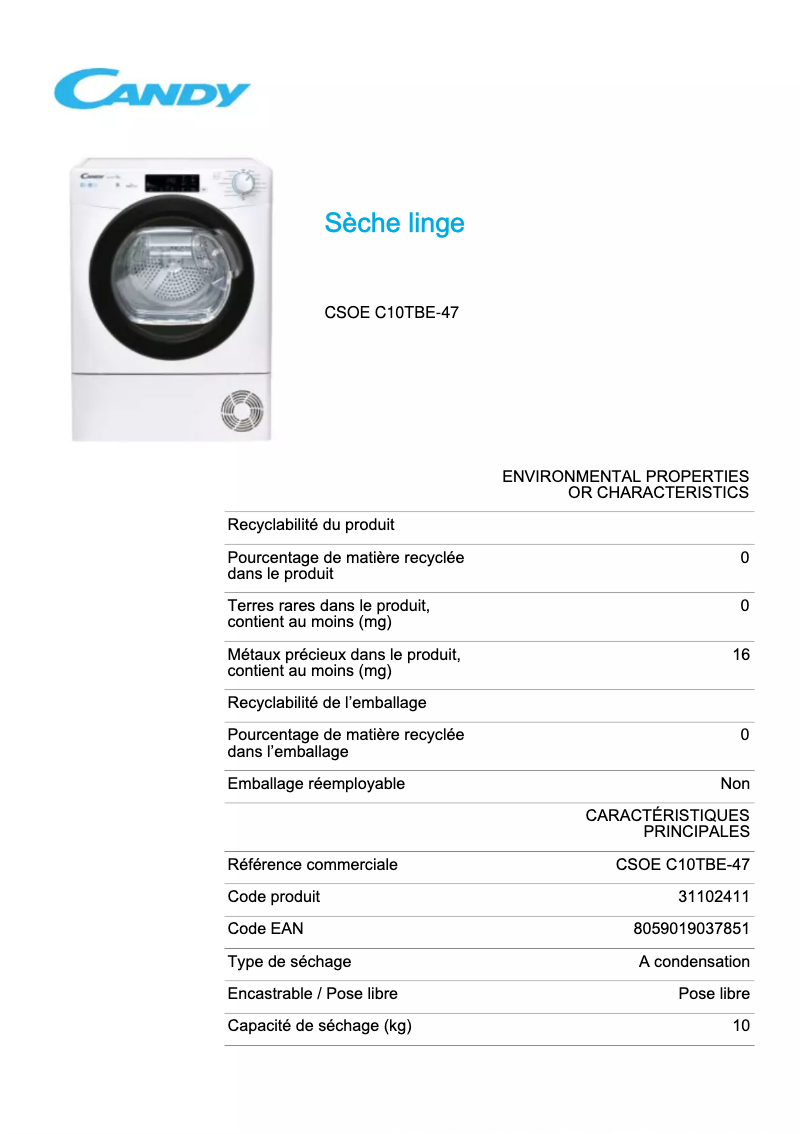 Page 1 de la notice Fiche technique Candy CSOE C10TBE-47