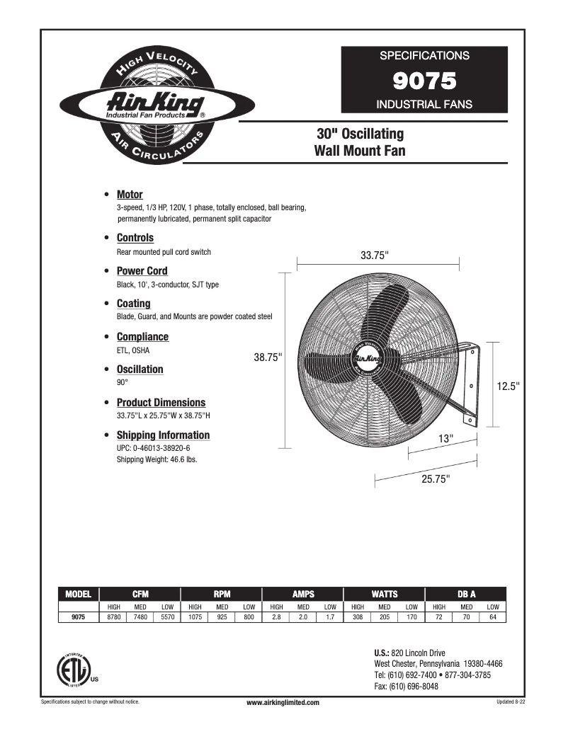 Page 1 de la notice Fiche technique Air King 9075