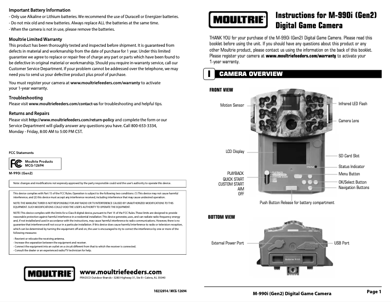 Page 1 de la notice Manuel utilisateur Moultrie M-990i Gen 2