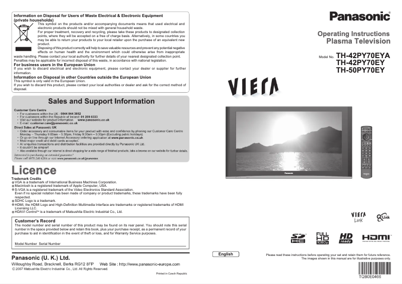 Page 1 de la notice Manuel utilisateur Panasonic Viera TH-42PY70EY