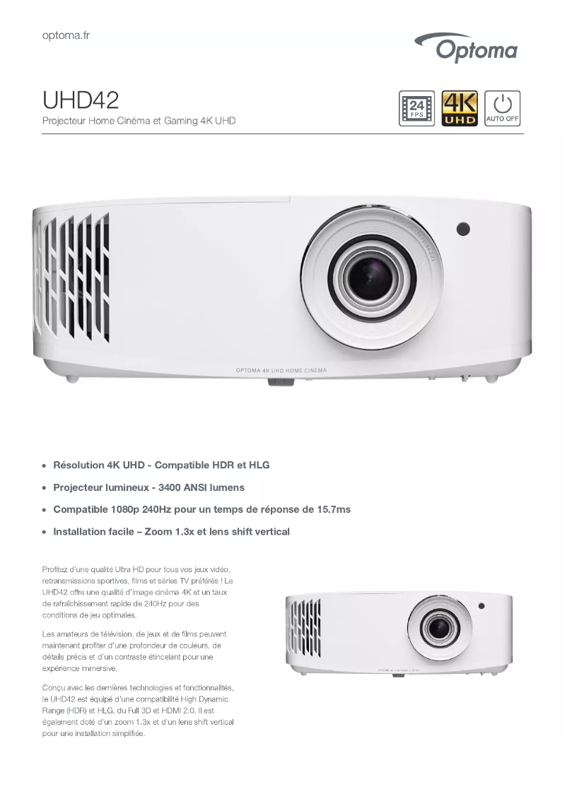 Page n°1 - Fiche technique Optoma UHD42
