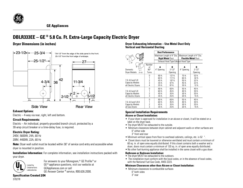 Page n°1 - Fiche technique GE DBLR333EECC